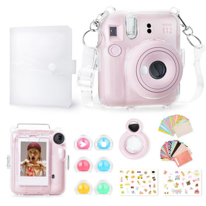 Picture of Rieibi Accessories for Fujifilm Instax Mini 12, Gift Bundle Includes Clear Instax Mini 12 Case with Strap, Mini Photo Album, Selfie Mirror, DIY Stickers, Color Filter (No Camera) - Pink