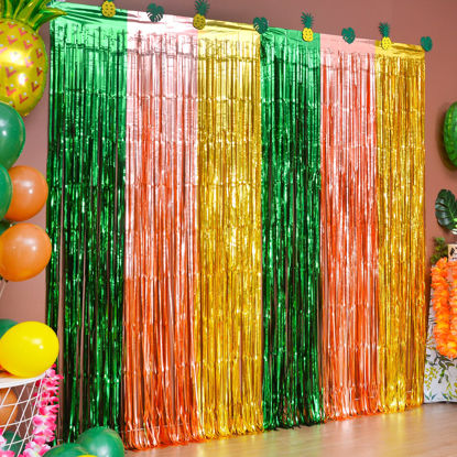 Picture of LOLStar Hawaiian Luau Party Decorations, 2 Packs of 3.3x6.6 ft Green Brown and Yellow Foil Fringe Curtains Tinsel Photo Booth Props, Streamer Backdrop for Hawaiian Tropical Party Decorations