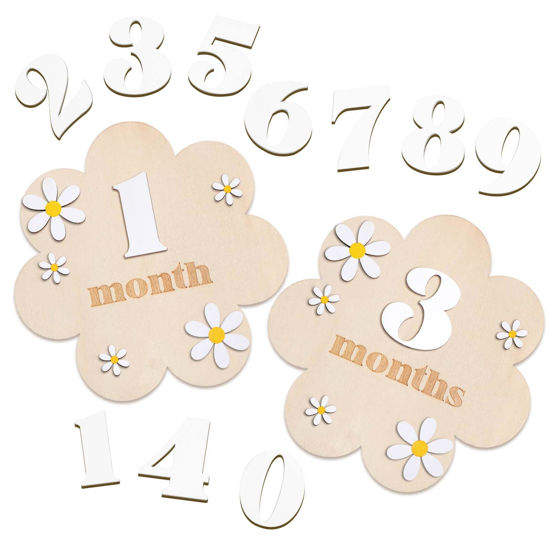 Picture of Burbell 3D Wooden Daisy Baby Monthly Milestone Cards 1-12 Months Interchangeable Baby Months Signs Monthly Milestone Discs Baby Announcement Sign for Baby Shower Newborn Photo Props Gifts (White)