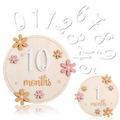 Picture of Beeveer Baby Monthly Milestone Cards with 11 Interchangeable Number Set of 12 for Baby Growth Recording Daisy Wooden Bohemian Milestone Blocks Baby Months Signs Baby Boy Baby Girl Photo Props (Lovely)