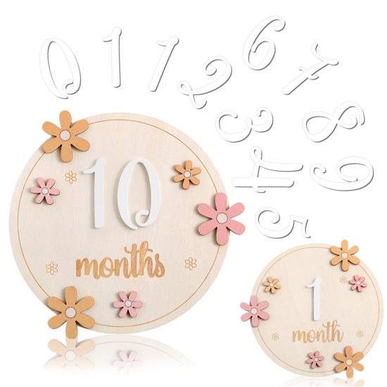 Picture of Beeveer Baby Monthly Milestone Cards with 11 Interchangeable Number Set of 12 for Baby Growth Recording Daisy Wooden Bohemian Milestone Blocks Baby Months Signs Baby Boy Baby Girl Photo Props (Lovely)