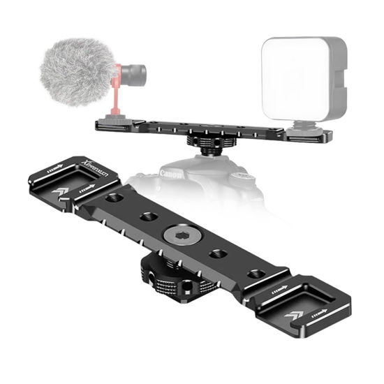 Picture of Dual Cold Shoe Mount Bracket, Camera Cold Shoe Extension Mount Aluminum Alloy Dual Cold Shoe 1/4"-20 Thread Holes Cable Slot for Flash LED Video Light Microphone Camera Camcorder