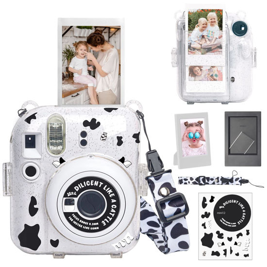 Picture of WOGOZAN Clear Case for Fujifilm Instax Mini 12 Instant Film Camera with Upgraded Photo Pocket Holds 10 Films on Back and Adjustable Strap - Glitter Clear(No Camera)