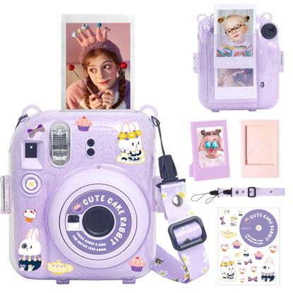 Picture of wogozan Clear Case for Fujifilm Instax Mini 12 Instant Film Camera with Upgraded Photo Pocket Holds 10 Films on Back and Adjustable Strap - Glitter Purple(No Camera)