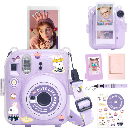 Picture of wogozan Clear Case for Fujifilm Instax Mini 12 Instant Film Camera with Upgraded Photo Pocket Holds 10 Films on Back and Adjustable Strap - Glitter Purple(No Camera)