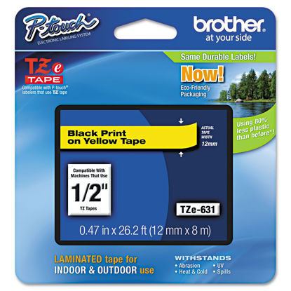 Picture of Brother Genuine P-Touch TZE-631 Tape, 1/2" (0.47") Standard Laminated P-Touch Tape, Black on Yellow, Laminated for Indoor or Outdoor Use, Water Resistant, 26.2 Feet (8M), Single-Pack