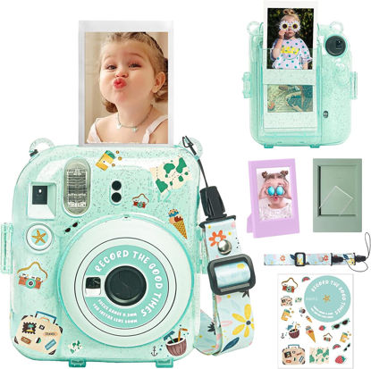 Picture of wogozan Clear Case for Fujifilm Instax Mini 12 Instant Film Camera with Upgraded Photo Pocket Holds 10 Films on Back and Adjustable Strap - Glitter Green(No Camera)