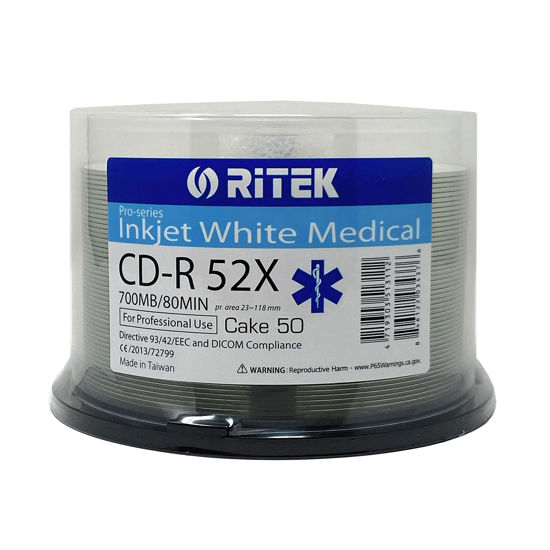 Picture of 50 Pack Ritek Medical Grade CD-R 52X 700MB/80Min Directive 93/44/EEC and DICOM Compliance White Inkjet Hub Printable Blank Recordable Disc