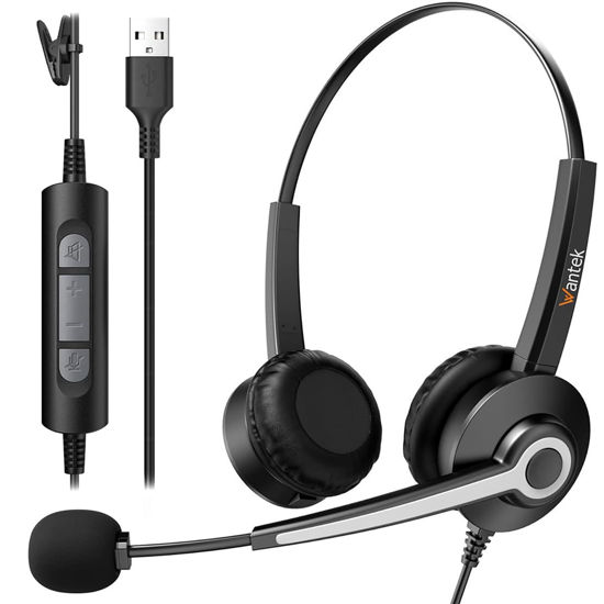 Picture of Wantek Binaural Corded USB Headsets with Noise Cancelling Mic and in-line Controls, UC Business Headset for Skype, SoftPhone, Call Center, Crystal Clear Chat