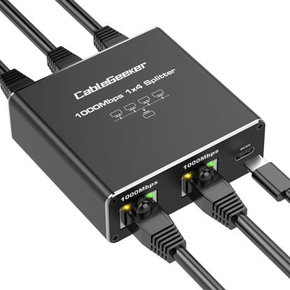 Picture of CableGeeker Gigabit Ethernet Splitter 1 to 4, 1000Mbps High Speed Network Hub with USB Power, Network LAN Adapter Supports Cat5/6/7/8 for 4 Devices Simultaneous Networking