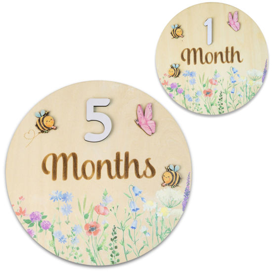 Picture of Baby Monthly Milestone Cards - Wooden Monthly Milestone Discs - Newborn Photography Props to Document Your Baby´s Growth - Baby Announcement Sign (Circle Flower)