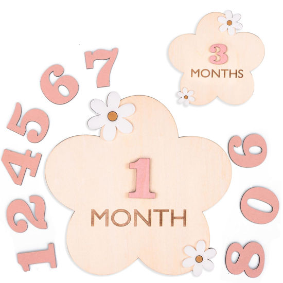 Picture of Baby Monthly Milestone, Wooden Baby Milestone Signs, Monthly Milestone Wood Discs, Baby Milestone Discs, Baby Photo Props Cards Interchangeable Number Set of 12 for Baby Growth Recording (3D Flower)