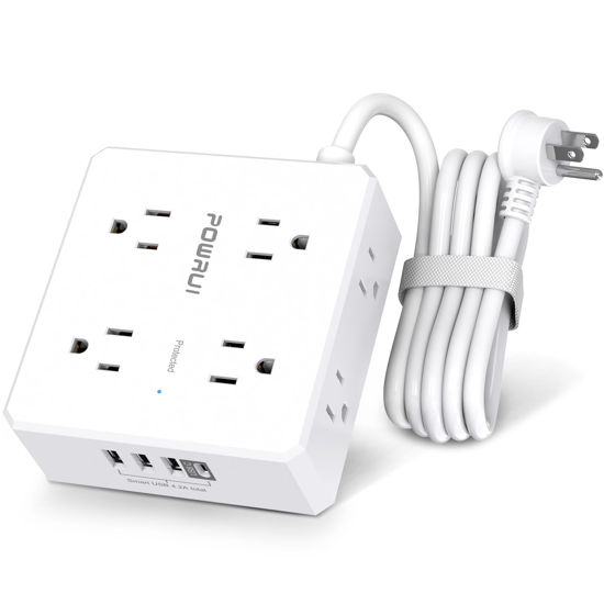 Picture of Surge Protector Power Strip - 6 Ft Flat Plug Extension Cord with 8 Widely Outlets and 4 USB Ports(1 USB C), 3 Side Outlet Extender for Home Office, White, ETL Listed