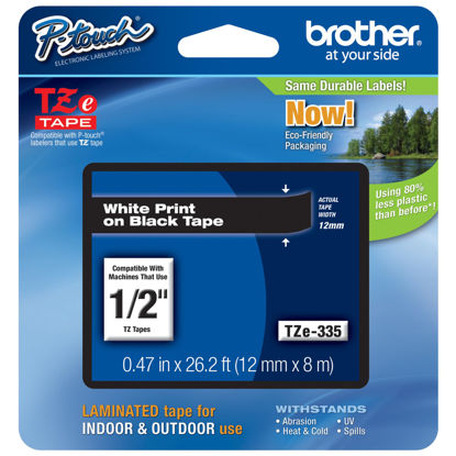 Picture of Brother International TZe335 P-Touch ~1/2" (0.47") White on Black Standard Laminated Tape - 26.2 ft. (8m)