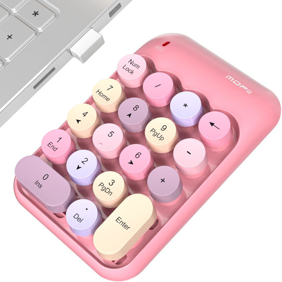 Picture of MOWUX Wireless Number Pads, Cute Colorful Numeric Keypad Numpad Portable 2.4 GHz Financial Accounting Number Keyboard Extensions, 18 Key Number Numpad for Laptop Desktop, PC (Pink)