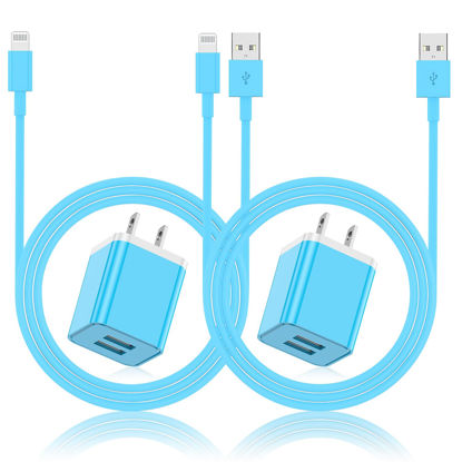 Picture of iPhone Charger and Wall Plug, [Apple MFi Certified] 2Pack 6ft Lightning Cable Cord with 2.4A Fast Dual Port USB Charging Adapter Block Box for iPhone 14/13 Pro Max/12/11/XR/XS/8/7/6S Plus/SE/5C Blue