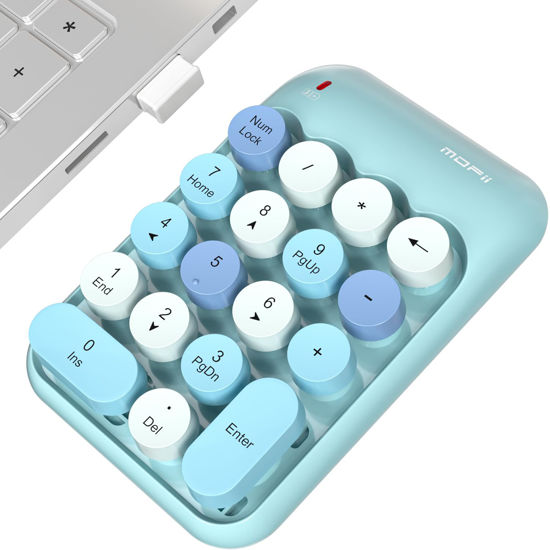 Picture of MOWUX Wireless Number Pads, Cute Colorful Numeric Keypad Numpad Portable 2.4 GHz Financial Accounting Number Keyboard Extensions, 18 Key Number Numpad for Laptop Desktop, PC (Blue)