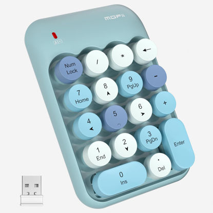 Picture of MOFII Wireless Number Pads - Blue Numeric Keypad 18 Keys USB 2.4G Round Keycap Colorful Extensions Keypads, Financial Accounting Portable Numpad 10 Key for Laptop/PC/Notebook/Surface Pro