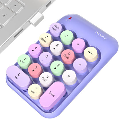 Picture of MOWUX Wireless Number Pads, Cute Colorful Numeric Keypad Numpad Portable 2.4 GHz Financial Accounting Number Keyboard Extensions, 18 Key Number Numpad for Laptop Desktop, PC (Purple)