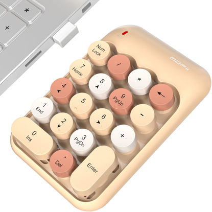 Picture of MOWUX Wireless Number Pads, Cute Colorful Numeric Keypad Numpad Portable 2.4 GHz Financial Accounting Number Keyboard Extensions, 18 Key Number Numpad for Laptop Desktop, PC (Cream)