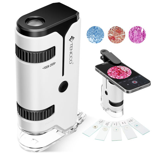 Picture of 100x-250x Mini Pocket Microscope for Kids Adults, Protable Handheld Microscope with 5 Microscope Slides, Phone Adapter, Miniscope Portable Microscope Kit for Kids Adults Science Lab Education,White