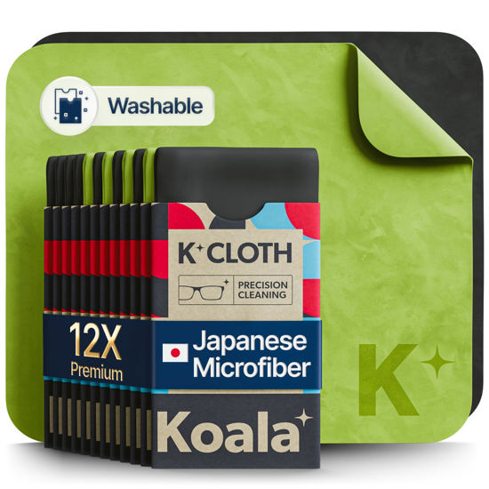 Picture of Koala Lens Cleaning Cloth | Japanese Microfiber | Glasses Cleaning Cloths | Eyeglass Lens Cleaner | Eyeglasses, Camera Lens, VR/AR Headset, and Screen Cleaning | Black & Green (Pack of 12)