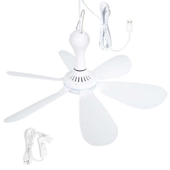 Picture of Xindejia USB Powered Small Ceiling Fan 6 Blades Quiet DC 5V USB Hanging Fans for Indoor Outdoor RV Bed Room Dorm Desk Travel Camping Tent Cubicle Mini Portable Canopy Fans - White