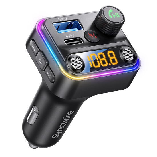 Picture of Syncwire Bluetooth 5.4 FM Transmitter Car Adapter 42W [Light Switch] [Stronger Dual-mic] [HiFi Bass Sound] [Fast Charging] Wireless FM Radio Stereo Music Adapter Hands-Free Calling Support USB Drive