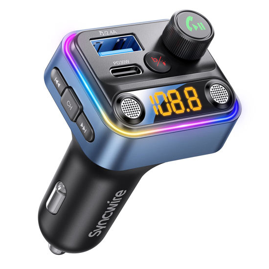 Picture of Syncwire Bluetooth 5.4 FM Transmitter Car Adapter 42W [Light Switch] [Stronger Dual Mics] [HiFi Bass Sound] [Fast Charging] Wireless FM Radio Music Adapter Hands-Free Calling Support USB Drive, Blue