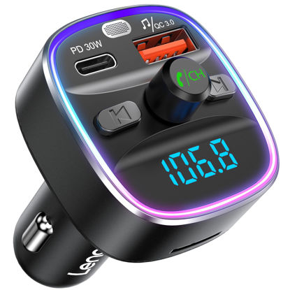 Picture of LENCENT Bluetooth 5.4 FM Transmitter Car Adapter 48W [PD 30W & 18W] [7 Color Light] [Fast Charging] Wireless Radio Music Adapter Hands-Free Calling, Support USB Drive & TF Card