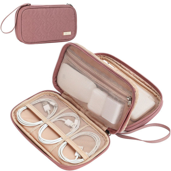 Picture of NISHEL Travel Cord Organizer Case, Double Layers Tech Electronic Case, Travel Essentials for Charger, Cable, Phone, Flash drive, Rose-wood Pink