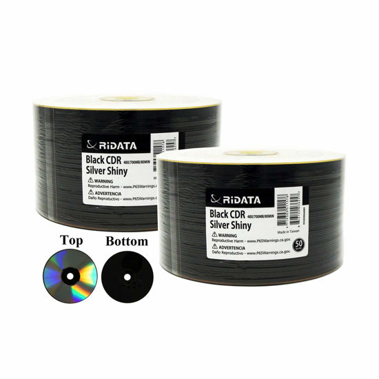 Picture of 100 Pack Ridata Black CD-R 48X 700MB 80M Shiny Silver Thermal Surface Black Bottom Blank Media Recordable Disc