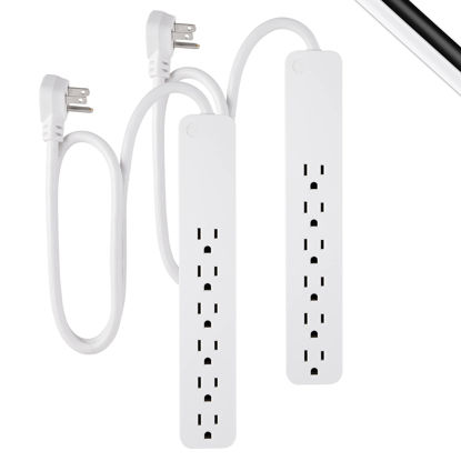 Picture of GE Pro 6-Outlet Surge Protector 2 Pack, 2 Ft Extension Cord, 620 Joules, Power Strip, Flat Plug, Integrated Circuit Breaker, Wall Mount, UL Listed, White, 46867