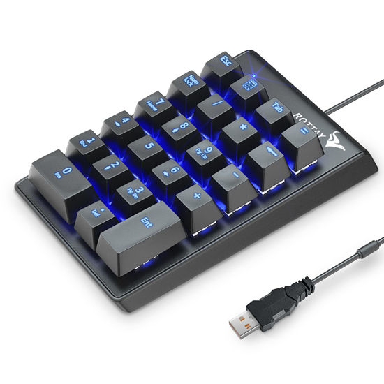 Picture of Rottay Number Pad, Mechanical USB Wired Numeric Keypad with Blue LED Backlit 22 Key Numpad for Laptop Desktop Computer PC Black (Blue switches)