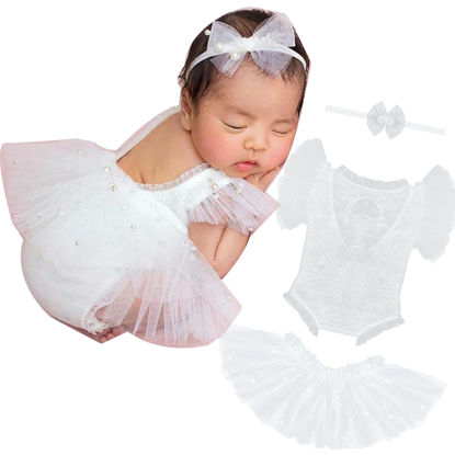 Picture of M&G House White Lace Newborn Photography Outfits Girl Newborn Photography Props Pearl Lace Rompers Newborn Girl Lace Romper Photoshoot Outfits Halloween (Short Sleeve, White, 0-2Months)