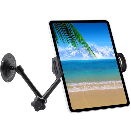 Picture of UYODM Drill Base Tablet Wall Mount Holder for 7"~12.9" iPad/Galaxy Tabs/Google Nexus7-11/Fire HD/e-Reader/LED Clock/iPhone/Smartphone,360°Rotation Aluminum Alloy Magic Arm and Adjustable Clip