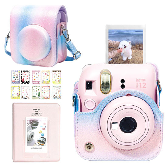 Picture of CAIYOULE for Instax Mini 12 Case, PU Leather Camera Case for Fujifilm Instax mini 12, Precise Hole Pairing Design, Perfect Fit, Mini Album and mini Border Stickers (No Camera) -Bluish pink