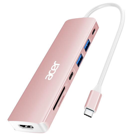 Picture of Acer USB Hub, 7 in 1 USB C to HDMI Multi-Port Adapter, 2 USB 3.1 GEN1 and 5Gbps Type-C Data Port, 4K HDMI Port, PD 100W Charging, SD Card Reader, for iPad Pro MacBook Pro Acer Laptops and More (Pink)