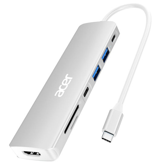 Picture of Acer USB C Dock, 7 in 1 USB C to HDMI Hub, 2 USB 3.1 GEN1 and 5Gbps Type-C Data Port, 4K HDMI Port, PD 100W Charging, SD Card Reader, for iPad Pro MacBook Pro Acer Laptops and More (Silver)