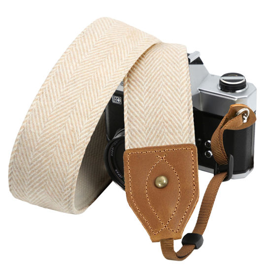 Picture of Padwa Lifestyle Beige White Twill Camera Strap - 2" Wide Full Grain Crazy Horse Cowhide Leather Head,Universal Vintage Wool knitting Camera Straps for Men & Women Photographers Gift