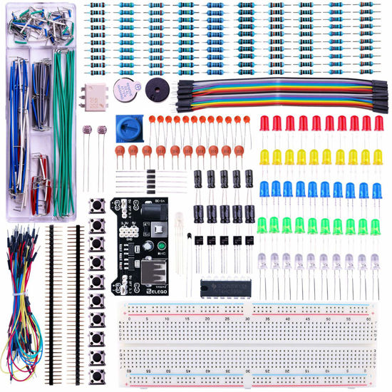 Picture of ELEGOO Upgraded Electronics Fun Kit w/Power Supply Module, Jumper Wire, Precision Potentiometer, 830 tie-Points Breadboard Compatible with Arduino, STM32