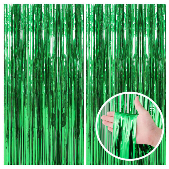 Picture of 2 Pack Green Streamers Backdrop Jungle Party Decorations Foil Fringe Backdrop Curtains Photo Booth Backdrop for Birthday Dinosaur Animal St Patrick's Day Football Christmas Party Decorations