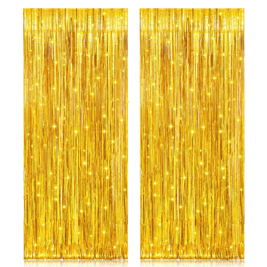 Picture of 2 Pack 3.2ft x 8.2ft Gold Metallic Foil Curtains, Big Laser Glitter Fringe Rain Curtain Photo Booth Backdrop Tinsel Curtain Streamer for Birthday Wedding Graduations Christmas Event Party Supplies