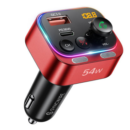 Picture of Syncwire Bluetooth 5.4 FM Transmitter Car Adapter 54W (PD 36W & 18W) [Stronger Dual Mics] [Light Switch] [HiFi Bass Sound] [Fast Charging] Wireless Radio Receiver Hands-Free Calling LED Display, Red