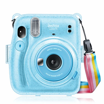 Picture of Fintie Protective Clear Case for Fujifilm Instax Mini 11 Instant Film Camera - Crystal Hard Shell Cover with Removable Rainbow Shoulder Strap, Glittering Blue