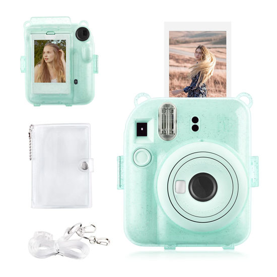 Picture of Rieibi Clear Case Compatible with Fuji Instax Mini 12 - Glitter Case Bag for Fujifilm Instax Mini 12 Instant Camera with Back Pocket, Strap and Photo Album - Glitter Green