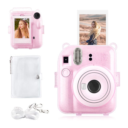 Picture of Rieibi Clear Case Compatible with Fuji Instax Mini 12 - Glitter Case Bag for Fujifilm Instax Mini 12 Instant Camera with Back Pocket, Strap and Photo Album - Glitter Pink