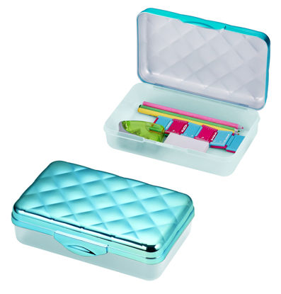 Picture of It's Academic Metallic pencil Case Box, Hard Plastic, Stylish Quited-Pattern Lid, Blue