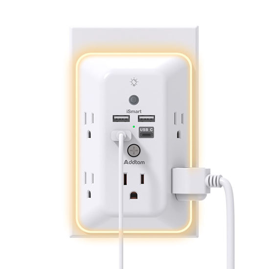 Picture of Surge Protector, Outlet Extender with Night Light, Addtam 5-Outlet Splitter and 4 USB Ports(1 USB C), Multi Plug Wall Outlet for Home Office Dorm Room Essentials