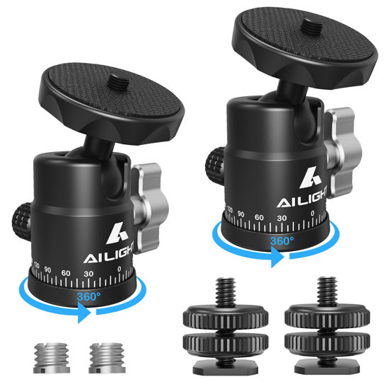 Picture of Ailight Mini Ball Head, 360° Panoramic Tripod Head, Universal 1/4" to 3/8" Screw Adapter Swivel Mini Ball Head Screw Tripod Mount, Dual Cold Shoe Mount for DSLR Cameras Camcorder（2 Pack